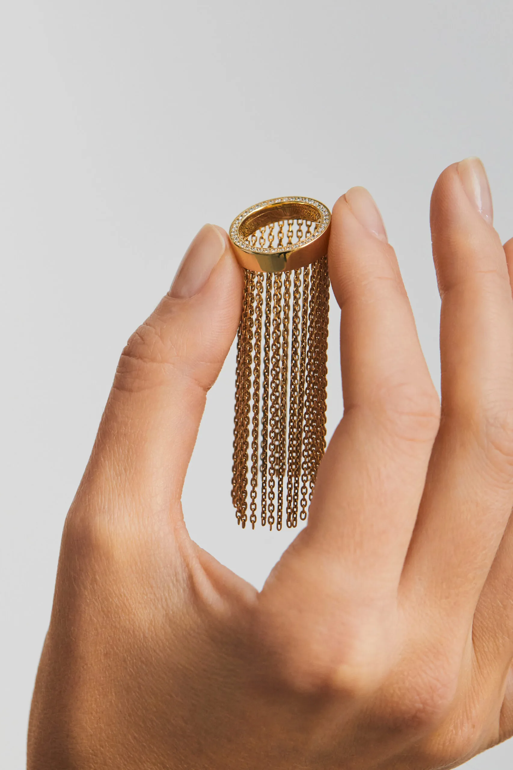 Rings Long Chainfall Ring, diamonds, yellow gold with modern design available now